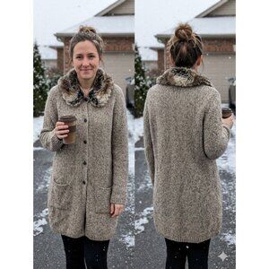 J. Jill Artisan Cardigan L Gray Tweed Removable Faux Fur Collar Button Pockets